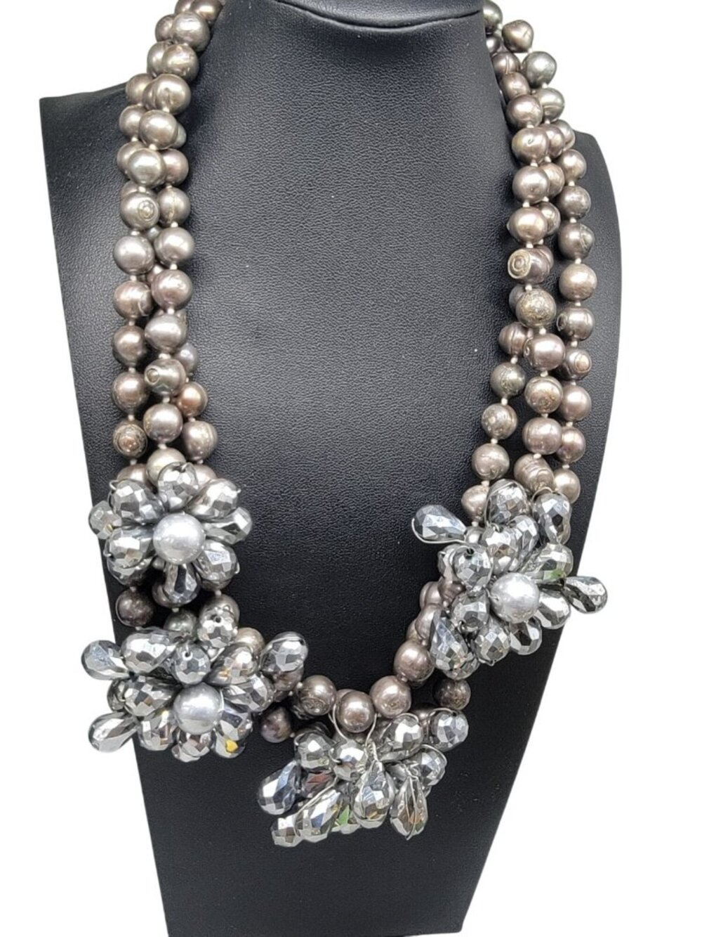 Massive Artisan 3 Strand Freshwater Pearl Flower Necklace Sterling Silver Clasp